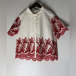 Serie Suncoo White Collar Button Down Top Red Eyelet Detail Size T1‎ Small